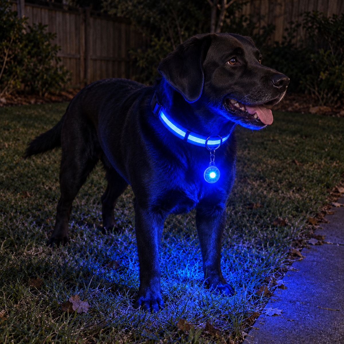 LED dog collar glowing at night