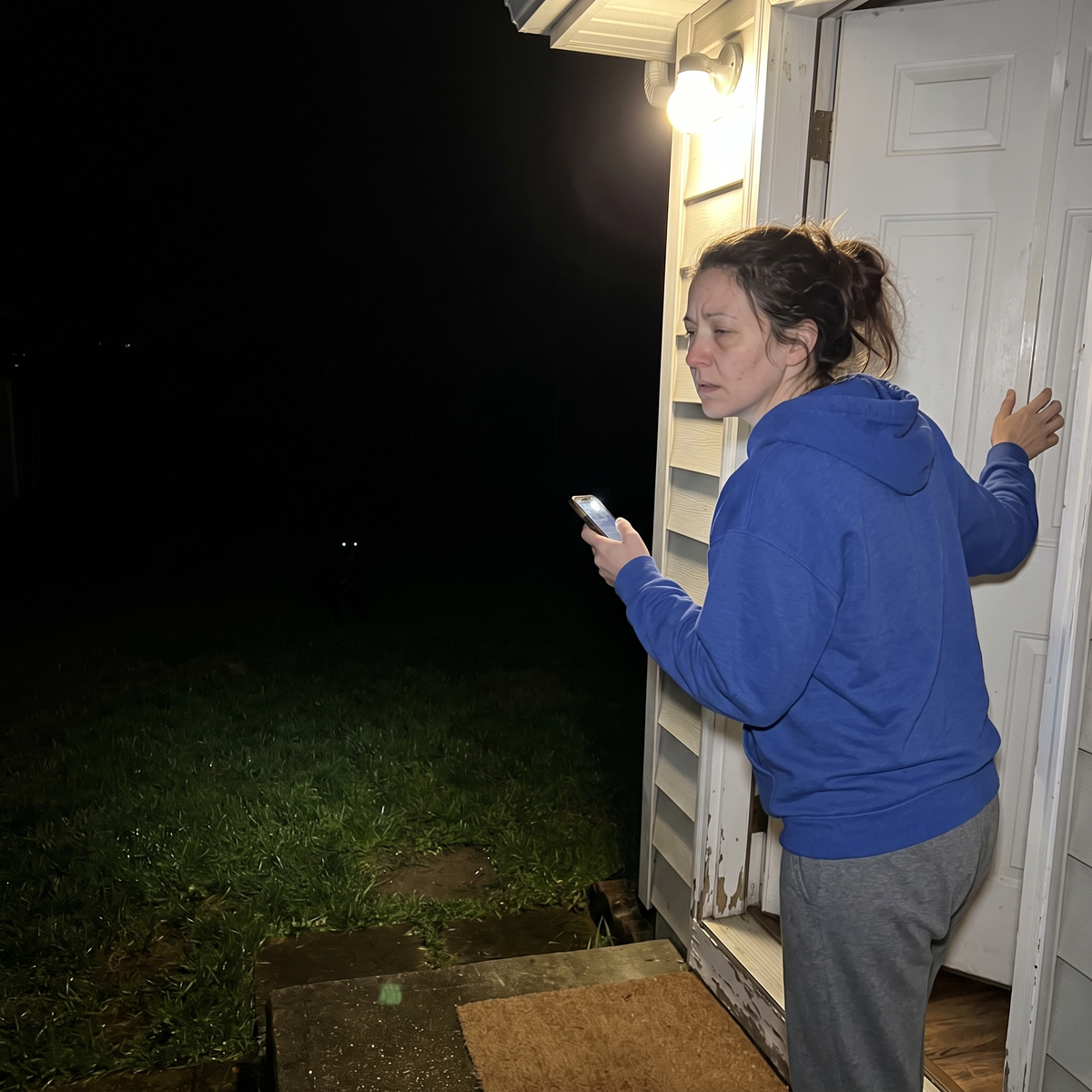 Woman at the back door at night trying to find her black dog in the dark yard