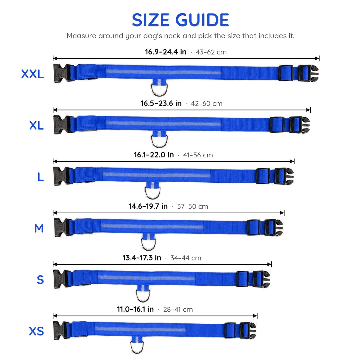 LED dog collar size guide from XS to XXL