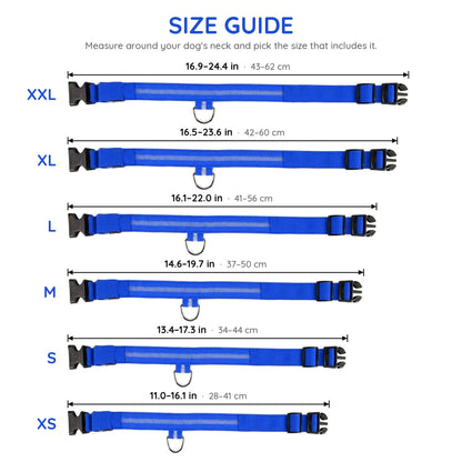 LED dog collar size guide from XS to XXL